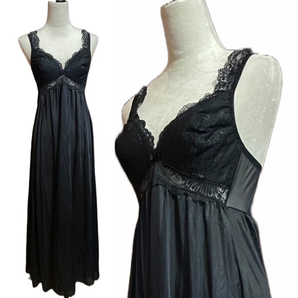 Vintage 80s Scaasi Nylon Full Length Lace Panel Slip Dress Gown Medium 36 Bust - Picture 5 of 7